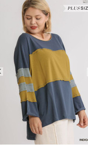 Colorblock Long Sleeve Top with Raw Edged Details