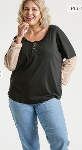 Button Front Contrasted Long Sleeve Top with Raw Edged Detail
