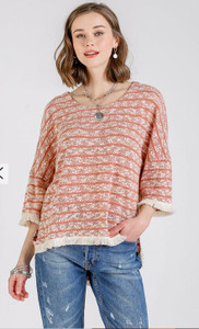 Heathered Striped Knit Bell Sleeve with Fringe 