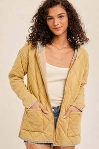 Diamond Quilted Mustard Hooded Jacket 