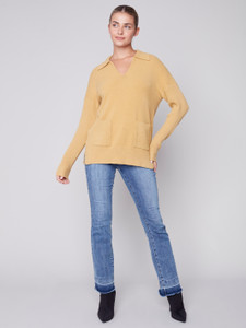 Charlie B V-Neck Gold Sweater w/pockets