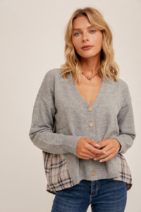 Grey Button Front Sweater w/Plaid Back