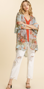 Sheer Floral Print Ruffle Sleeve Kimono w/ High Low Hem