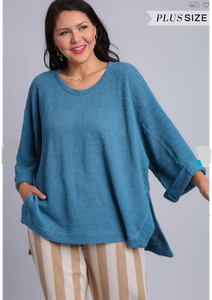 Waffle Knit Rolled Cuff Top