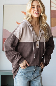 Two Toned Ribbed Hoodie w/Buttons