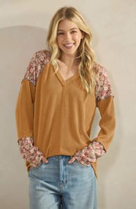 Ribbed Long Sleeve Top w/Floral Contrast Sleeve