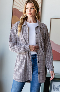 Long Puff Sleeve Houndstooth Tweed Shacket