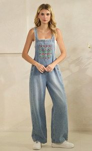 Denim Overalls with Embroidery Detail