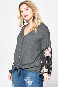 PLUS Waffle Knit Top w/Contrasting Bishop Sleeve