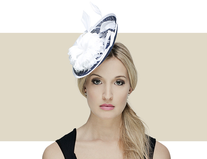 navy and white fascinator hat