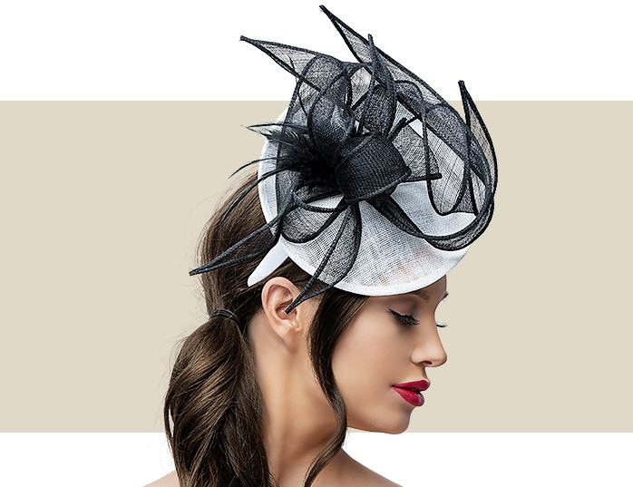 MARCEY FASCINATOR HAT White and Black Gold Coast Couture