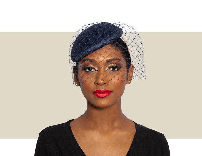 BERET WITH MERRY WIDOW AND CRYSTAL VEIL - Navy Blue - Gold Coast Couture