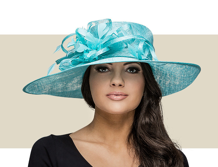 Aqua Blue Duchess Upbrim Hat with Flower & Feather Detail