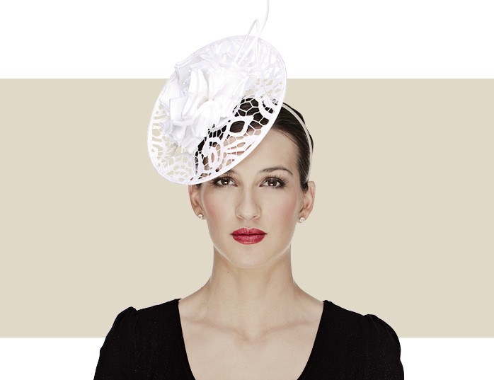 White Lace Disc Fascinator Hat with Quill & Flower Detail