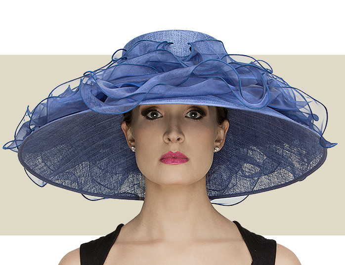 Louisa Navy Blue Down-Brim Sinamay Hat with Ruffled Organza
