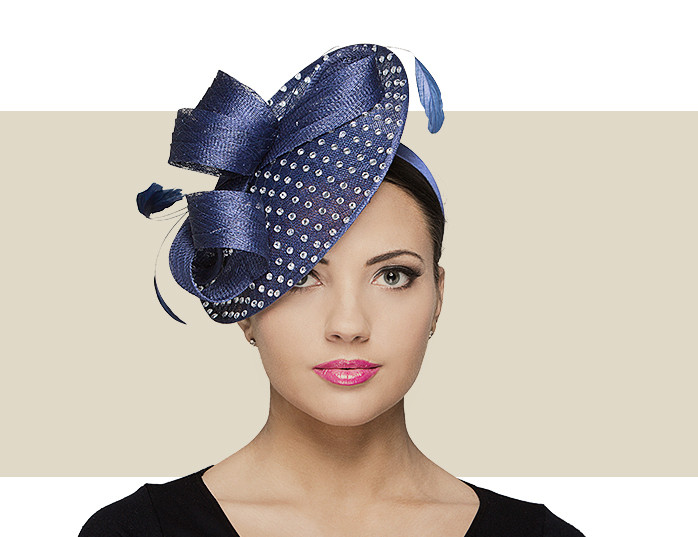 Navy Blue Rhinestone Fascinator Hat with Swirl Sinamay Detail