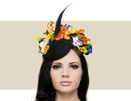 Philip Treacy mini black and orange beano hat with flower and feather detail