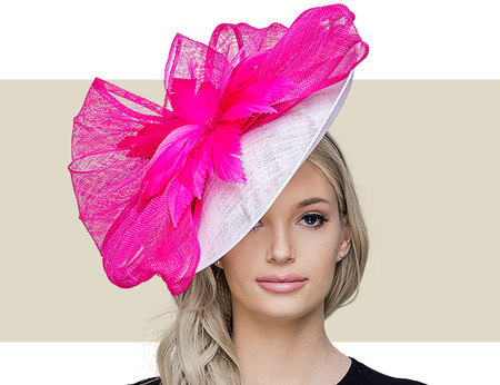 TINA Fascinator Church Hat - White with Hot Pink