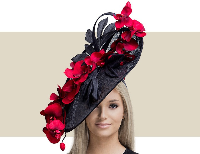 red and black hats and fascinators