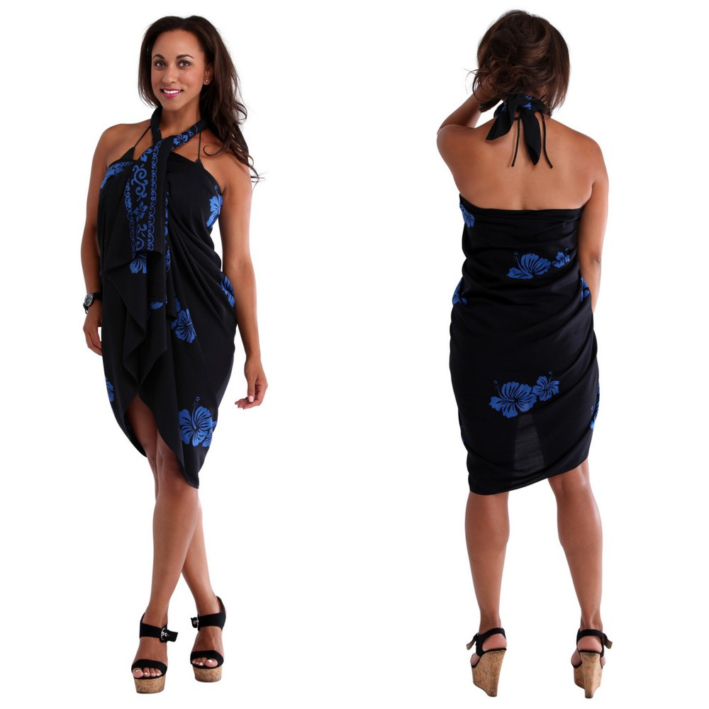 Hibiscus PLUS SIZE Sarong in Blue On Black