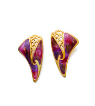 Vintage EDGAR BEREBI Violet & Gold Enamel Art Nouveau Earrings