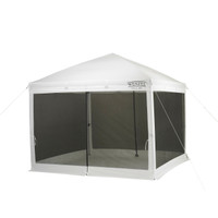 Wenzel Smartshade Screen House, white with black screens, setup with the guy lines extended