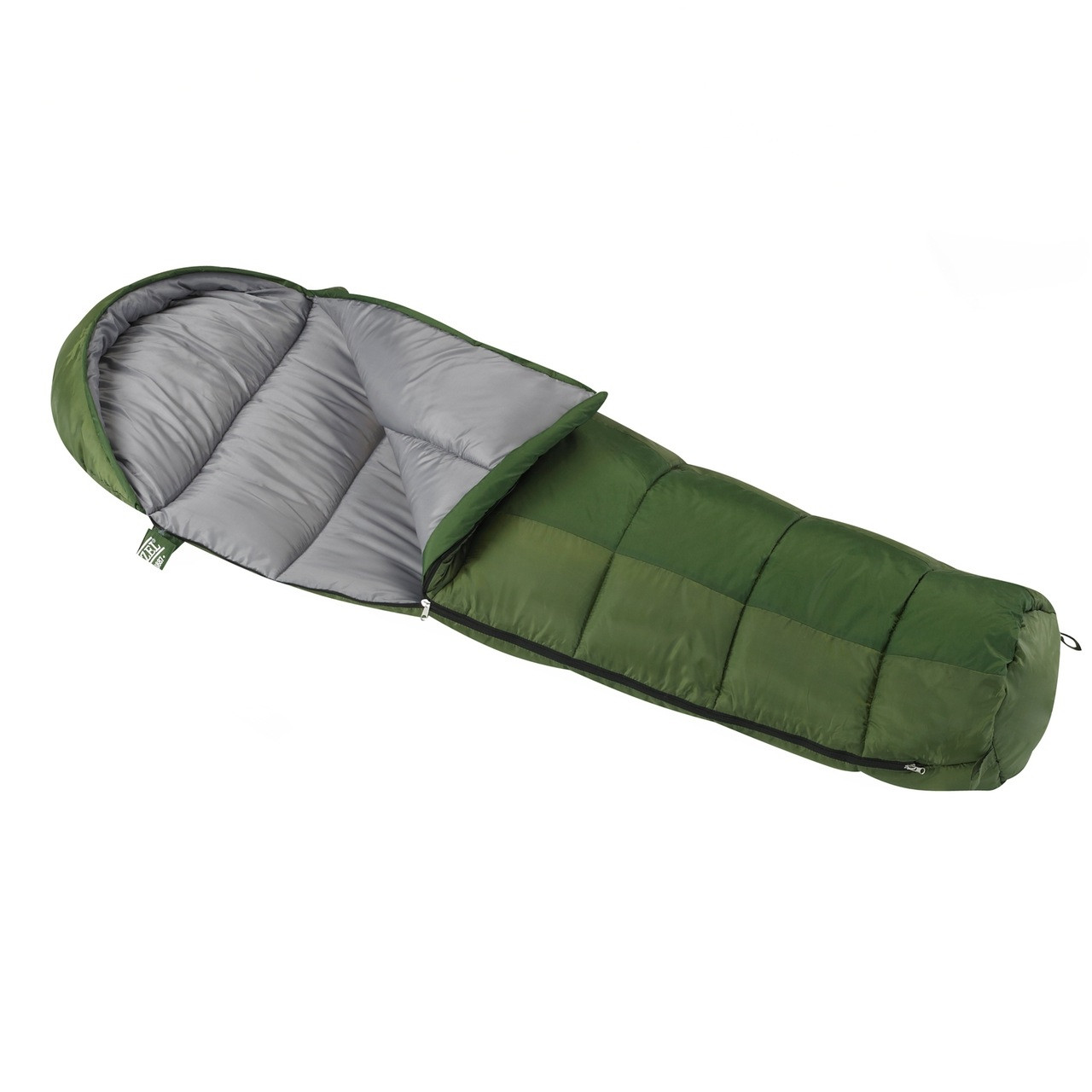 Wenzel Kids Backyard 30 degree sleeping bag , green, laying flat partially unzipped with the corner partially folded over showing the gray interior of the sleeping bag