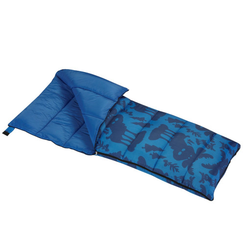 Wenzel Kids Blue Moose 40 degree sleeping bag, blue, laying flat partially unzipped with the corner folded over to show the blue interior of the sleeping bag