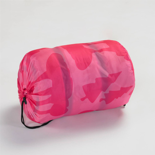 Wenzel Kids Pink Moose 40 degree sleeping bag rolled and stored in the pink storage bag
