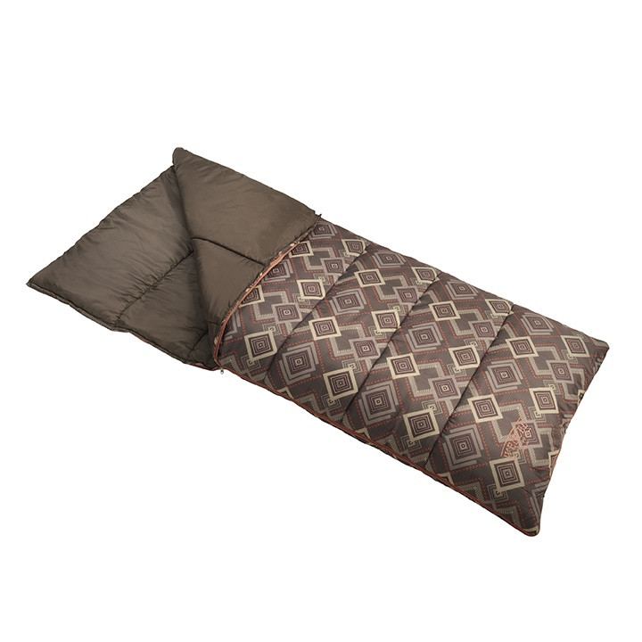 Wenzel Cassidy sleeping bag, brown gray and white square pattern, laying flat with a corner folded over showing the brown interior of the sleeping bag