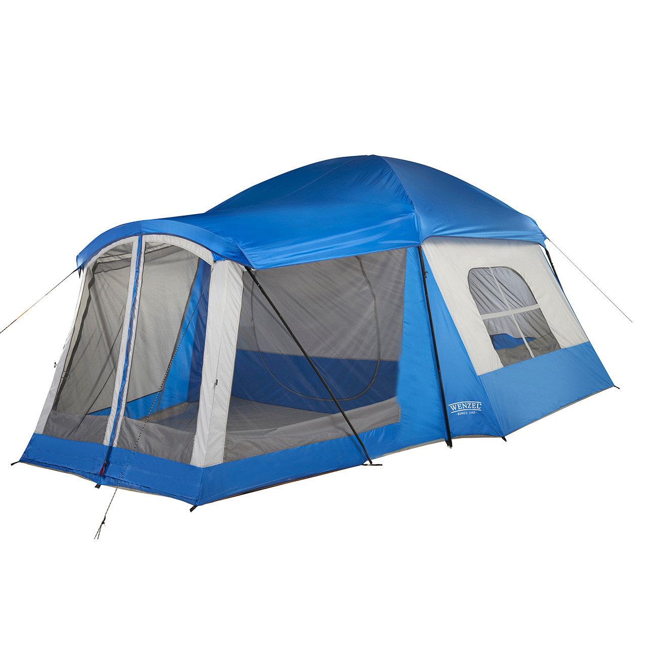 Wenzel Klondike 8 tent, blue and tan, setup with the rain fly on and the vestibule screen windows open and the main tent screen window open