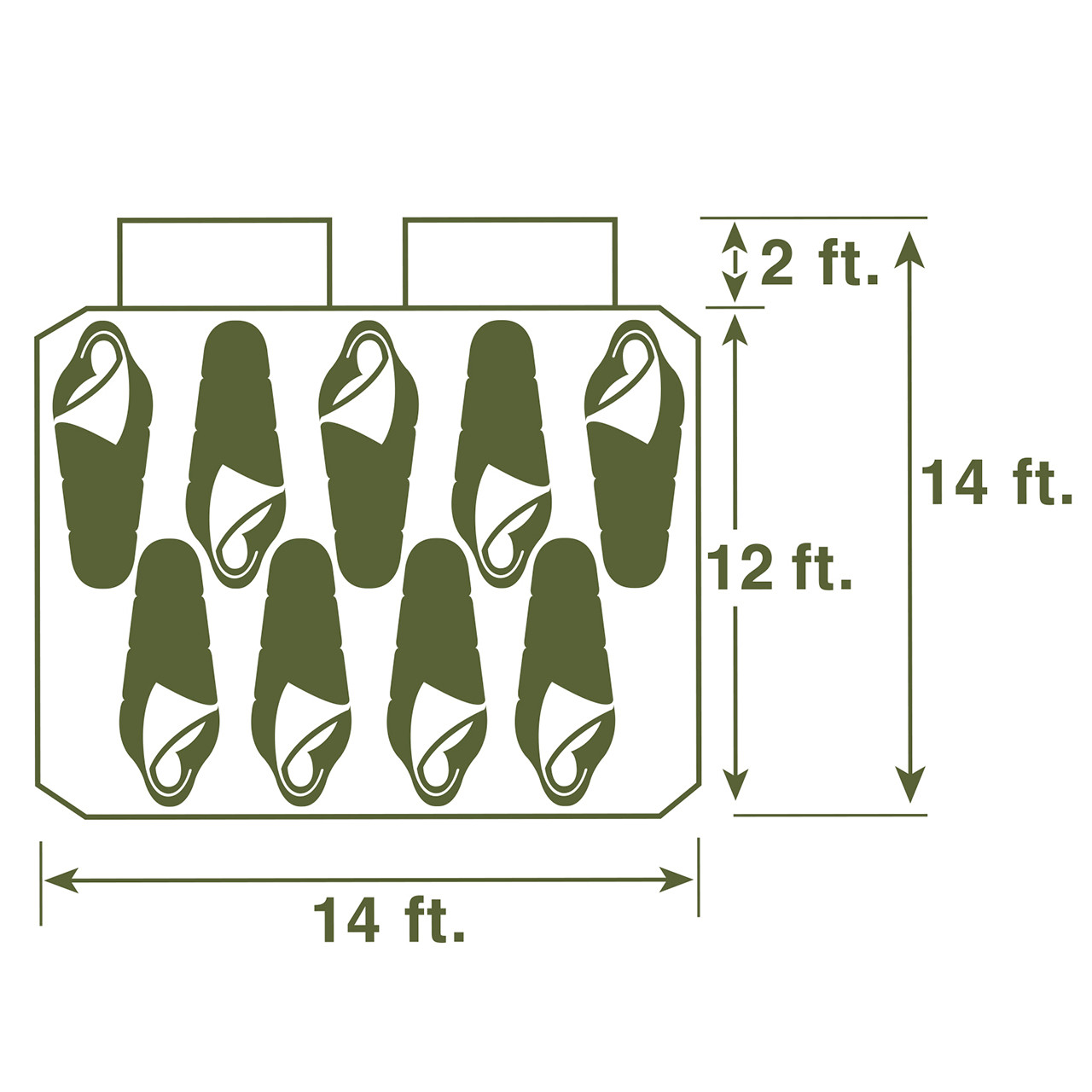 Diagram of the floor sleeping plan for the Wenzel Kodiak 9 tent with people in sleeping bags to illustrate how to arrange 9 people