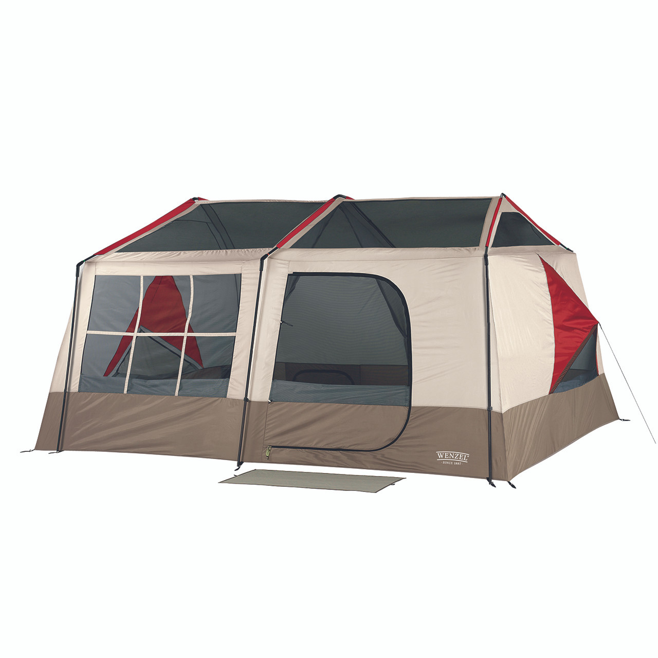 Wenzel Kodiak 9 tent setup without the rain fly on and the main screen door windows open with the side vent open and guy line extended