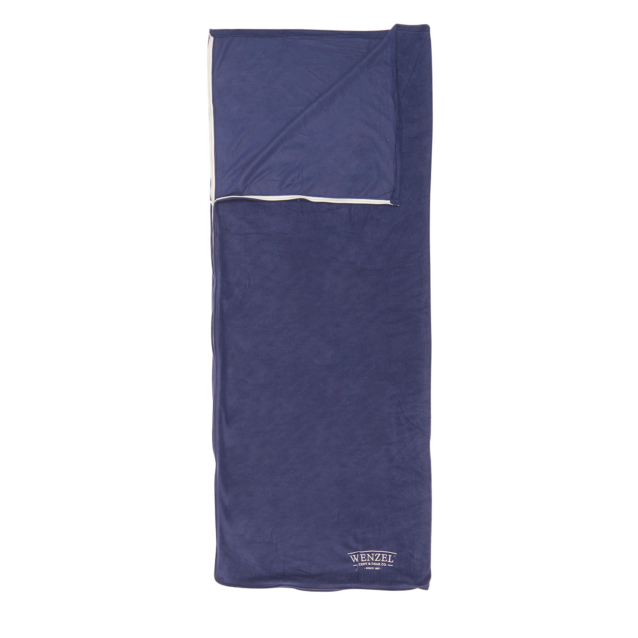 Wenzel Flannery Fleece sleeping bag, purple, laying flat with the zipper corner partially open and folded over showing the purple interior of the sleeping bag