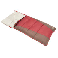 Wenzel Lakeside 40 degree sleeping bag, red and green, laying flat with the zipper partially undone and the corner folded over showing the tan interior of the sleeping bag