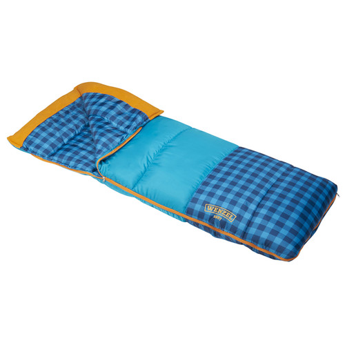 Wenzel Sapling Youth Sleeping Bag, blue, shown partially unzipped, side angle view