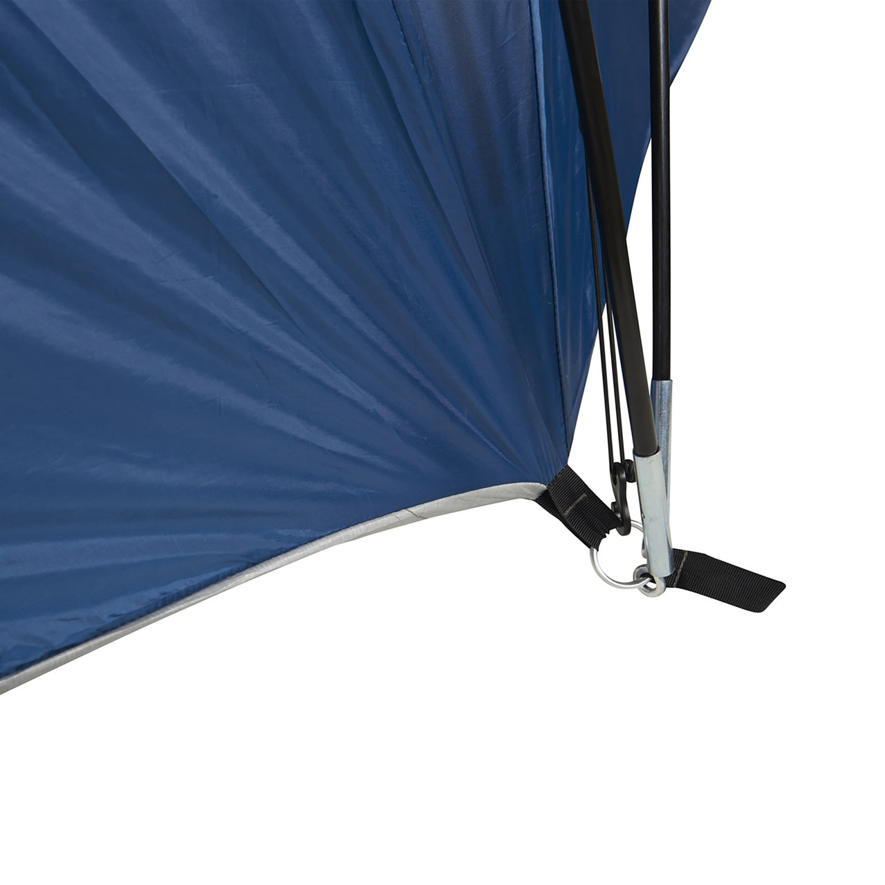 Wenzel Pinyon 10 Person Dome Tent, blue/white, showing tent pole inserted into lower corner of tent