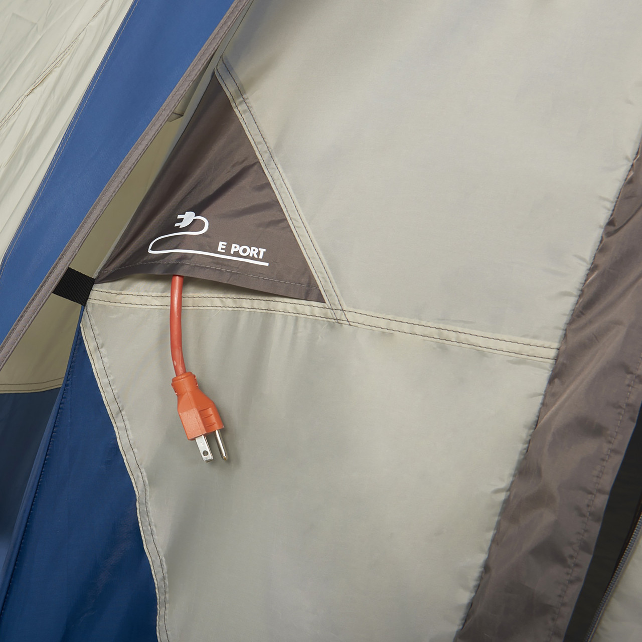 Interior of Wenzel Pinyon 10 Person Dome Tent, blue/white, showing port for cords