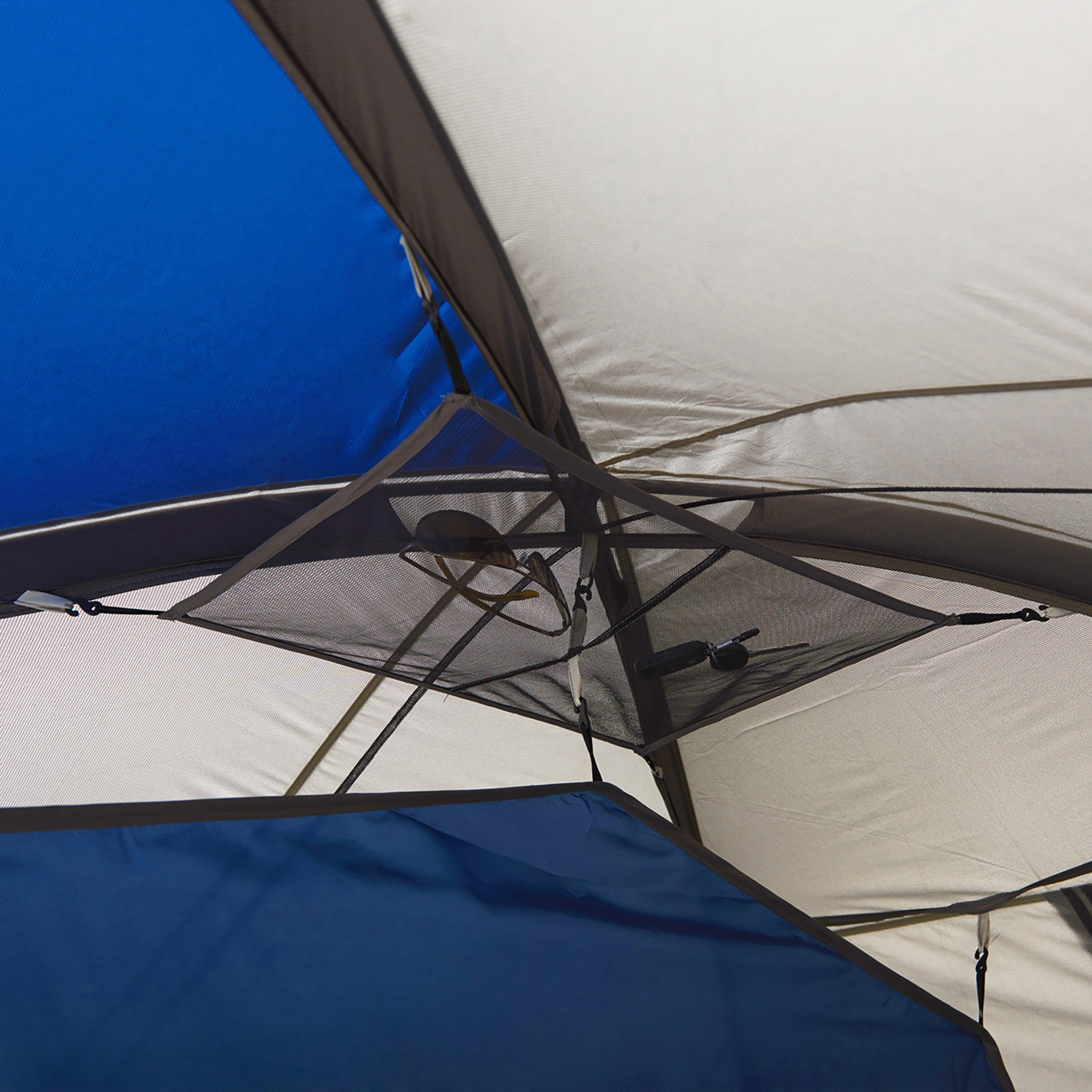 Interior of Wenzel Pinyon 10 Person Dome Tent, blue/white, showing gear loft