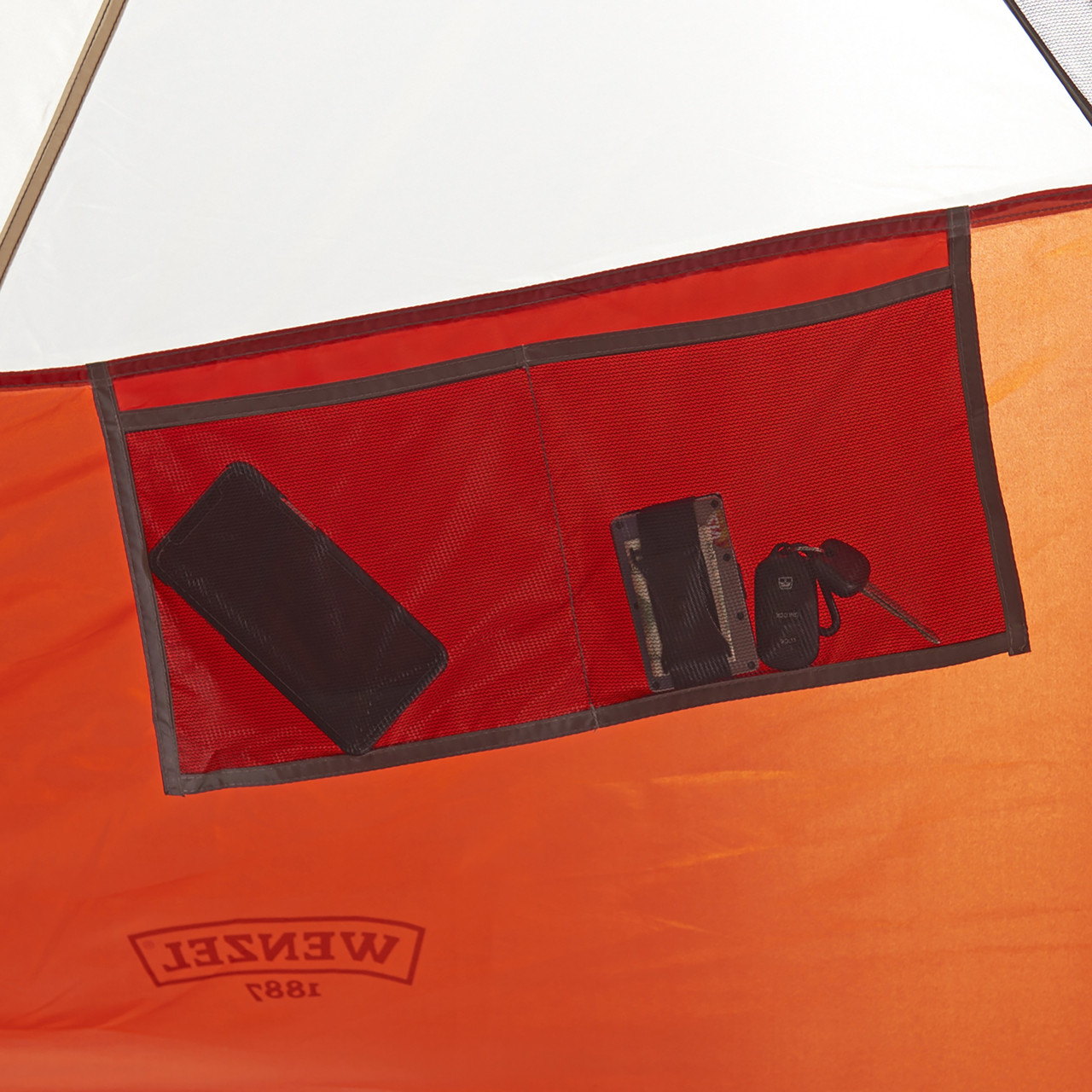 Interior close up of Wenzel Bristlecone 8 Person Dome Tent, showing hanging mesh pocket