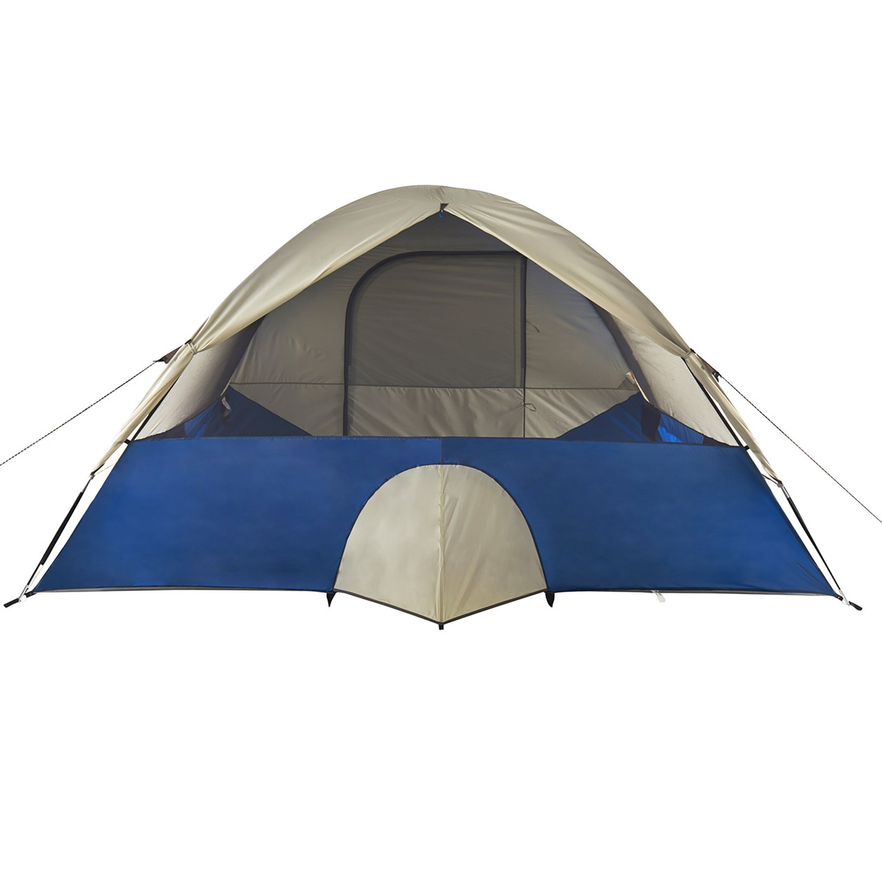 Wenzel Tamarack 6 Person Dome Tent, blue/white, rear view, with window opened