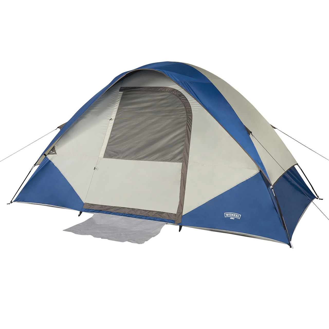 Wenzel Tamarack 6 Person Dome Tent, blue/white, shown with fly attached and front window closed