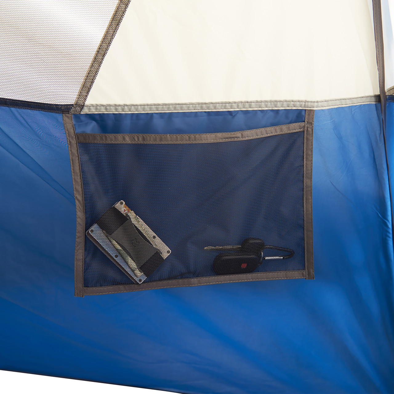 Interior close up of Wenzel Tamarack 6 Person Dome Tent, showing small hanging mesh pocket