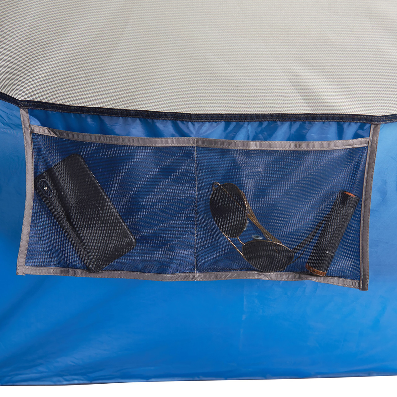 Interior close up of Wenzel Tamarack 6 Person Dome Tent, showing large hanging mesh pocket