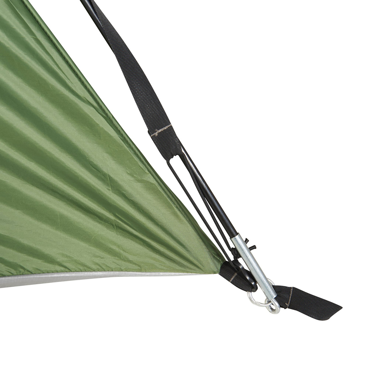 Close up of Wenzel Jack Pine 4 Person Dome Tent, showing end of tent pole inserted into attachment point at bottom corner of tent