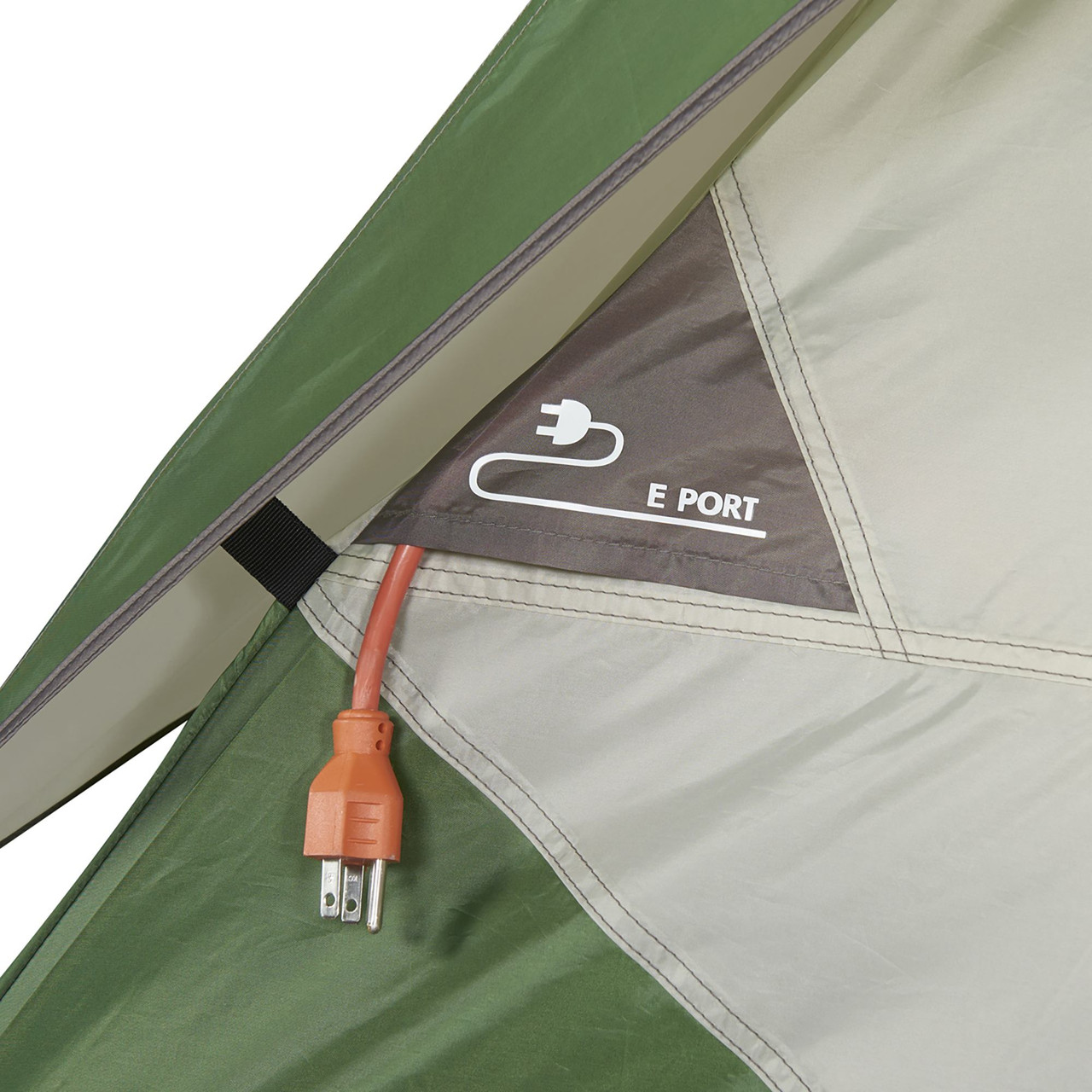 Close up of Wenzel Jack Pine 4 Person Dome Tent, showing port for electric cords