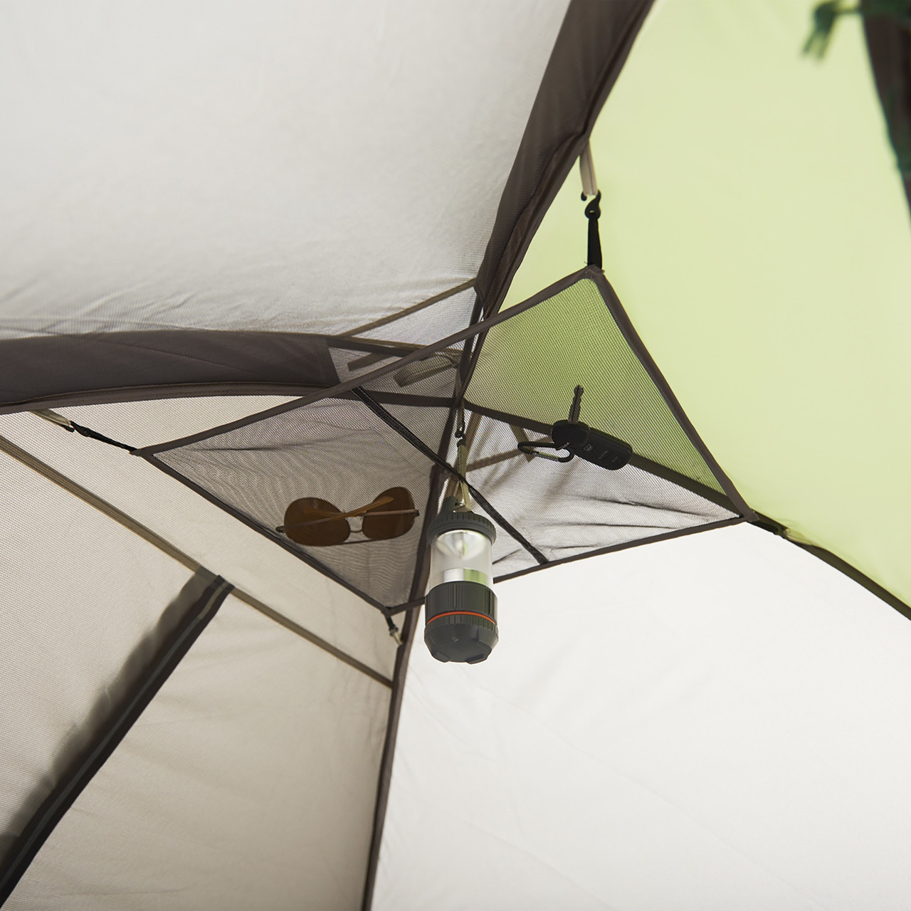 Interior close up of Wenzel Jack Pine 4 Person Dome Tent, showing mesh gear loft