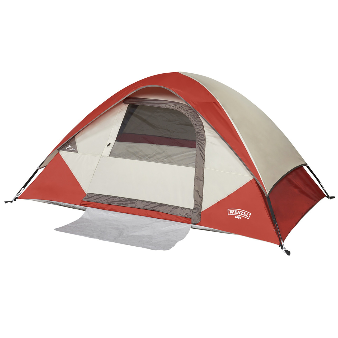 Wenzel Torry 2 Person Dome Tent, red/white, front view, with fly attached