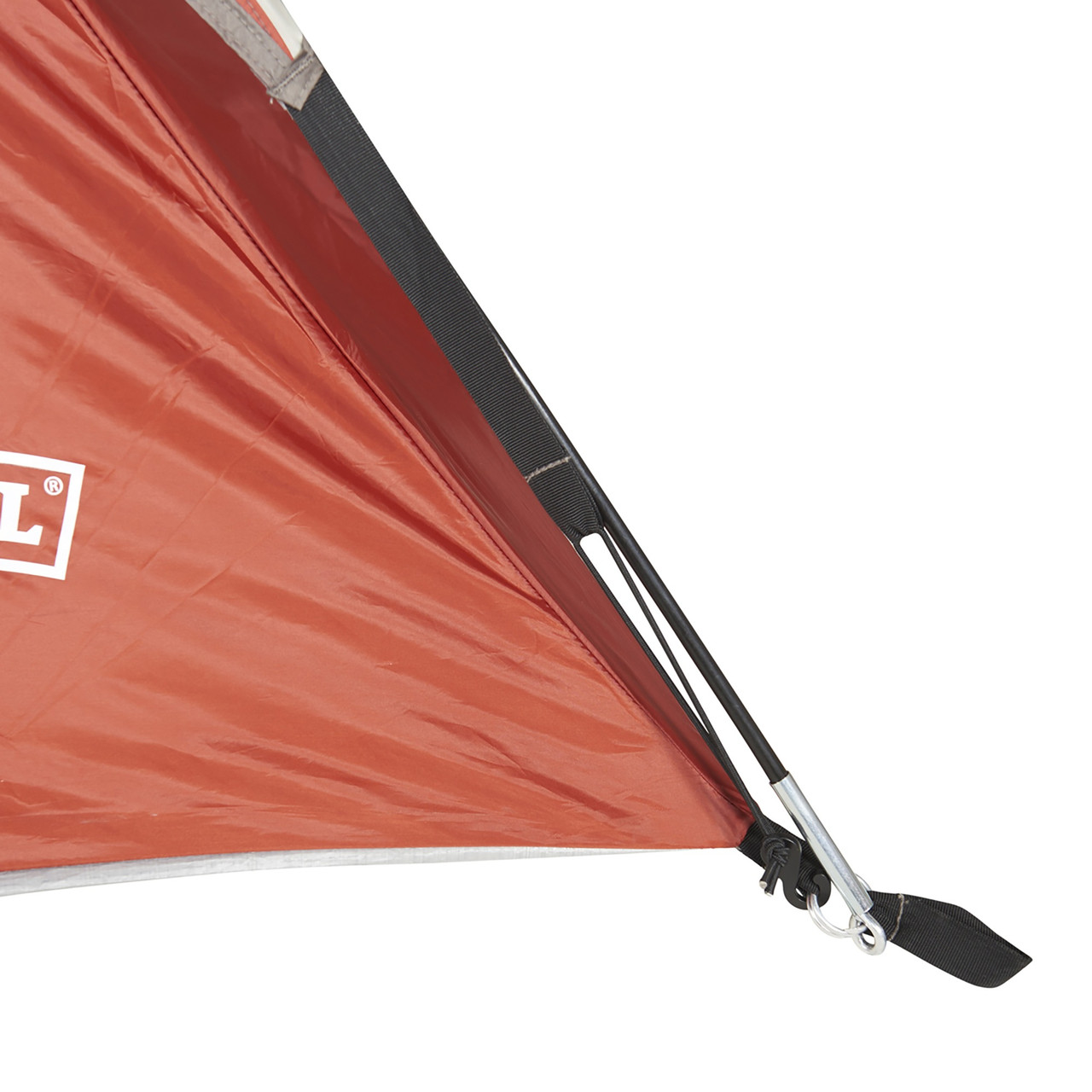 Close up of Wenzel Torry 2 Person Dome Tent, showing end of tent pole inserted into attachment point at bottom corner of tent