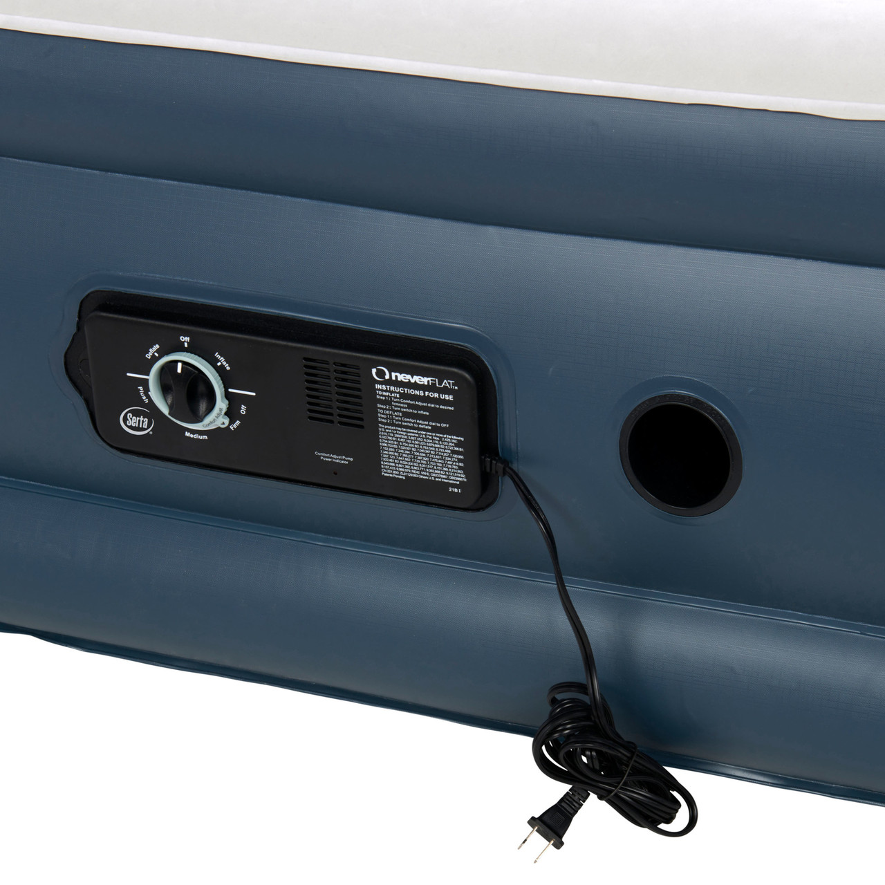 Close up of Serta 18" Raised Queen Airbed With NeverFlat Pump, showing pump, at an angle